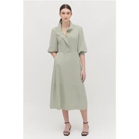 Cuyana Funnel Neck Silk Puff Sleeve Collared Midi Dress Green Women's XS NWT - Picture 1 of 13